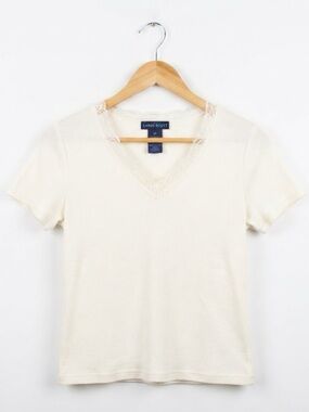 🍒 Coquette Core Lace Trim V Neck T Shirt White MEDIUM